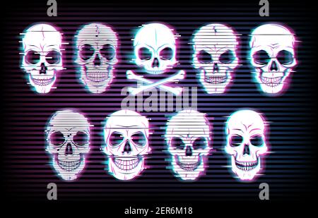 Glitch skulls vector distorted neon glowing pixelized craniums or jolly roger on black background. Television messy distortion or vhs tape glitch effe Stock Vector