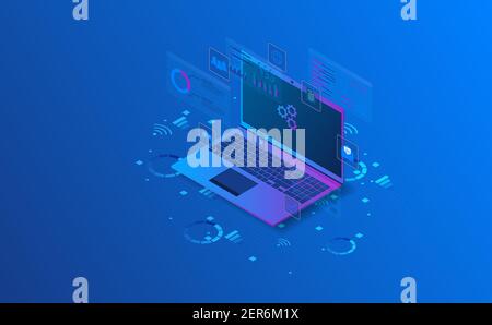 Isometric laptop analysis information. Futuristic concept.vector and illsutration Stock Vector