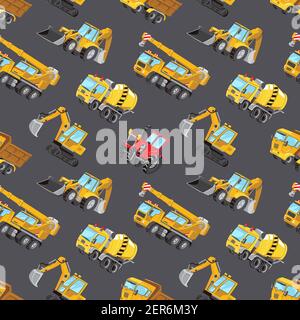 Seamless pattern with yellow Trucks, Cars and Road Signs. Red tractor, Excavator, Digger machine, Building machines, Concrete Mixer. Stock Vector