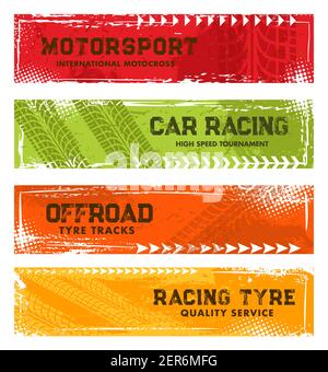 Tyre tracks, off road tire prints, grunge vector car racing treads with dotted spots or marks. Rally, motocross bike protectors, vehicle, transportati Stock Vector