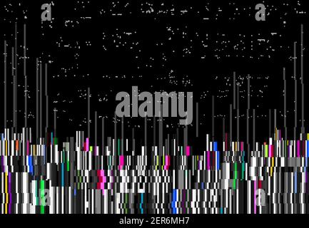 Glitch color lines, vector distorted abstract background. Glitched rainbow colored vertical stripes and random pixels on black screen. Television dist Stock Vector