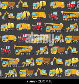 Seamless pattern with yellow Trucks, Cars and Road Signs. Red tractor, Excavator, Digger machine, Building machines, Concrete Mixer. Stock Vector