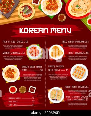 Korean cuisine food menu meals and dishes, Korea restaurant traditional dinner and lunch vector. Korean traditional cuisine menu for fish in soy sauce Stock Vector