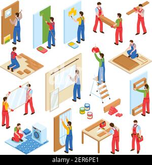 Home repair renovation remodeling service workers isometric collection with walls painting laminate flooring laying isolated vector illustration Stock Vector
