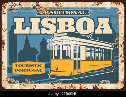 Portugal travel, Lisbon tram metal plate rusty, vector retro poster. Portuguese culture and city landmarks, traditional and national tourism symbol of Stock Vector