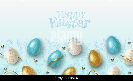 Easter greeting background with realistic golden, blue and white Easter eggs. Vector illustration Stock Vector