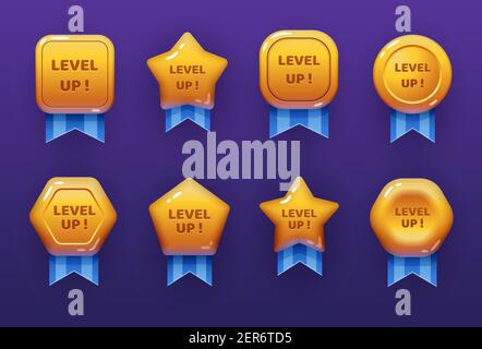 Golden level up labels, game icons and star reward bonus, vector UI or ...