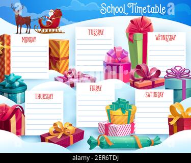 Kids school lessons timetable with Christmas gifts and Santa in sledge. Children week planner, winter holiday celebration schedule with reindeer pulli Stock Vector