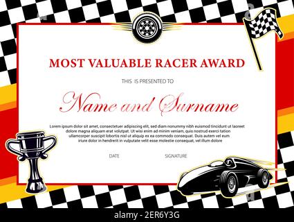Car racing winner certificate or diploma award to racer, vector template with finish flag frame. Rally sport championship cup victory award diploma or Stock Vector