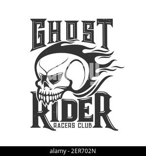 Tshirt print with burning skull vector mascot for racers club or bikers society emblem with cranium, death head in fire. T shirt print, tattoo or mono Stock Vector