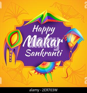 Happy Makar Sankranti Hinduism religion festival with color paper kites vector. Hindu calendar solar cycle or harvest holiday background, India maghi Stock Vector
