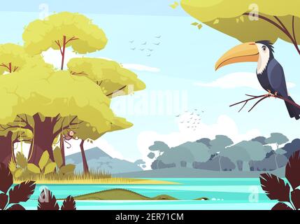 Jungle landscape with monkey on tree, crocodile in river, flock of birds in sky cartoon vector illustration Stock Vector