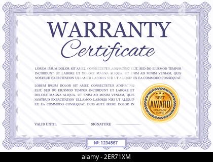 Warranty certificate vector template, diploma with wavy ornamental border. Official best award frame, paper document for company appreciation with gol Stock Vector