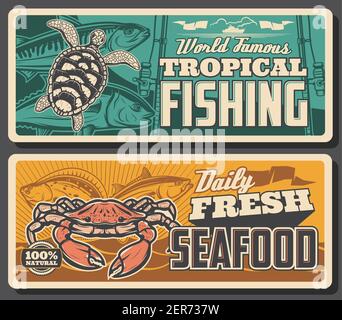 Fishing retro banners, vector horse mackerel, gilt head bream, anchovy and  tuna fish. Fisherman equipment store. Ocean boat fishing, rods or spinning  Stock Vector Image & Art - Alamy