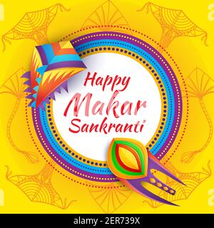Happy Makar Sankranti festival banner with kites and Indian ethnic ornaments. Hindu religion Sankrant harvest holiday celebration background. Colorful Stock Vector