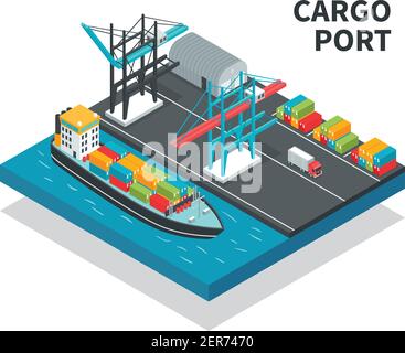Cargo port with loading facilities, color containers, vessel with freight, truck isometric composition vector illustration Stock Vector