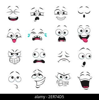 Face expression isolated vector icons, funny cartoon emoji boring, crying and thoughtful, gnash teeth, angry, laughing and sad. Facial feelings, emoti Stock Vector