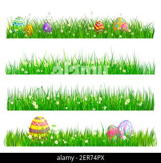 Easter eggs hunting, green grass with decorated eggs and chamomile flowers isolated cartoon vector borders set. green grass blades field. Easter hunt Stock Vector