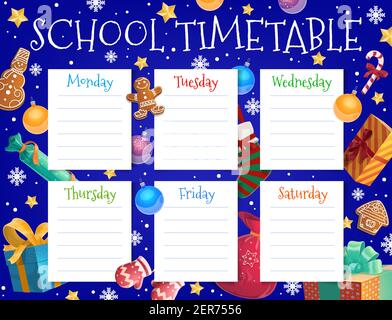 Child school week timetable template with Christmas tree ornaments. Kid lessons schedule, winter holidays planner with gingerbread cookie, gifts and s Stock Vector
