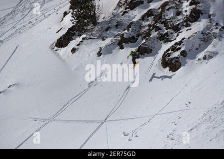 Ordino Arcalis, Andorra: 2021 February 24: Skiers in action at the Freeride World Tour 2021 Step 2 at Ordino Alcalis in Andorra in the winter of 2021. Stock Photo