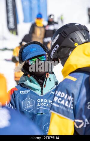 Ordino Arcalis, Andorra: 2021 February 24: Skiers in action at the Freeride World Tour 2021 Step 2 at Ordino Alcalis in Andorra in the winter of 2021. Stock Photo