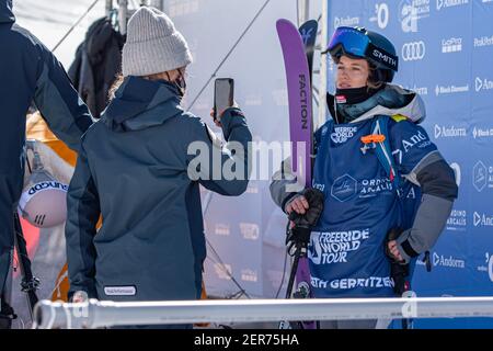 Ordino Arcalis, Andorra: 2021 February 24: Elisabeth Gerritzen in action at the Freeride World Tour 2021 Step 2 at Ordino Alcalis in Andorra in the wi Stock Photo