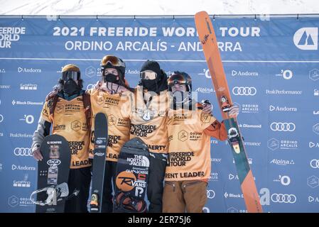 Ordino Arcalis, Andorra: 2021 February 24: Andrew Pollard, Elisabeth Gerritzen, Blake Moller and MAriton Haerty in action at the Freeride World Tour 2 Stock Photo