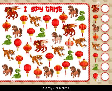 Children I spy game with Chinese zodiac animals cartoon characters