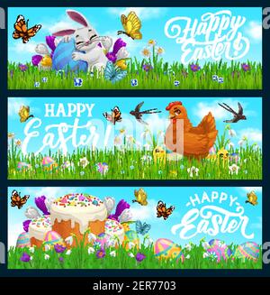 Happy Easter vector bunny, hen with chicks, decorated eggs and cakes on field with flowers and butterflies under blue cloudy sky. Happy Easter holiday Stock Vector