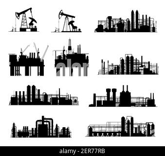Oil and gas industry vector silhouettes. Petroleum refinery factories, drilling rigs, energy plants and derrick pumps, oil offshore platforms and pump Stock Vector