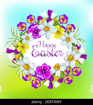 Easter spring flowers wreath, vector Christian religious holiday celebration. Happy Easter greeting floral wreath of crocuses, narcissus, iris and lil Stock Vector