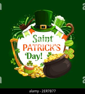 Saint Patricks day round frame of holiday symbols. Vector leprechauns hat, beer and garland, wooden stick and cookies. Pot of gold treasures and cupca Stock Vector