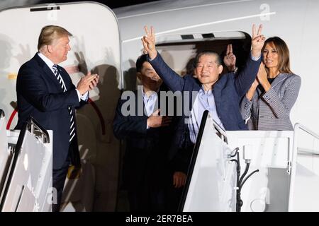 President Donald Trump and his wife Melania welcoming the three American detainees (Kim Dong-chul, Kim Hak-song, and Tony Kim) held in captivity in North Korea at Joint Base Andrews in Suitland, Maryland on May 10, 2018. (Photo by Michael Brochstein/Sipa USA)