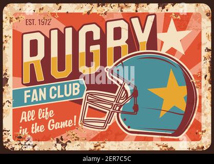 Rugby team fan club rusty metal plate. North american football protective helmet with star and retro typography. Rugby team, sport club fan community Stock Vector