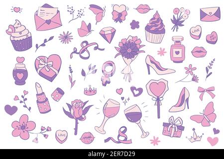 8 march, international women's day themed vector illustrations set, collection of hand drawn clip art drawings and elements. Stock Vector