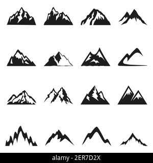 Set of mountain silhouettes icons, logo design, isolated on white background, flat style. Vector illustration Stock Vector