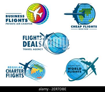 Airplane travel vector icons. Modern planes flying in sky, flight tours, air transportation. Aviation airlines service, business, cheap, regular chart Stock Vector