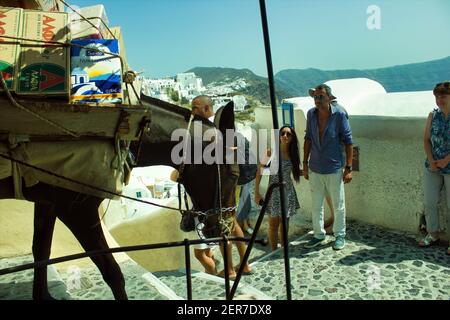 Santorini, Greece - September 11, 2017: A donkey or mule carrying weight of luggage, Luggage porter uses a donkey to navigate the narrow and steep pat Stock Photo