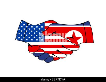 Political agreement with USA and North Korea vector concept. Handshake of two hands with American and Korean national flags. Countries good relationsh Stock Vector