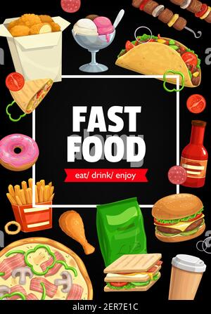 Fast food vector poster cheeseburger, tacos and french fries with sandwich. Nuggets, ice cream and donut with chicken leg. Coffee, chips and onion rin Stock Vector