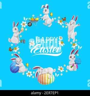 Happy Easter vector flower wreath with bunnies and painted eggs. Cartoon greeting card, round frame made of white narcissus blossoms, cute rabbits, eg Stock Vector