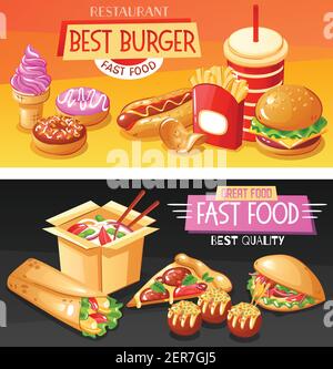 Flat set of horizontal banners with best fast food dishes and drinks on colorful backgrounds isolated vector illustration Stock Vector