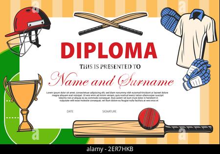 Baseball certificate, sport award diploma template, vector cup winner appreciation. Baseball championship or tournament victory certificate and honor Stock Vector