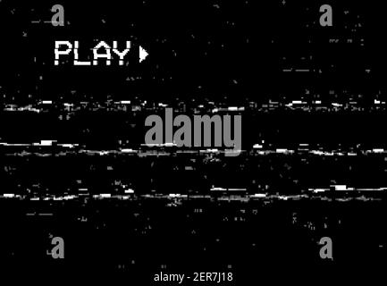 Corrupted play screen with glitch effect. Vector camera film vhs or video home system black background with random noise and horizontal distorted line Stock Vector