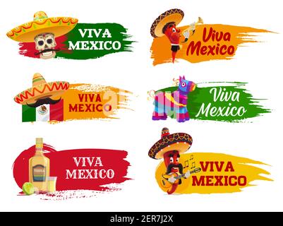 Viva Mexico isolated icons with chilli pepper musician characters, Mexican sombrero and pinata, Mexico flag, tequila, mariachi moustache and guitar. M Stock Vector