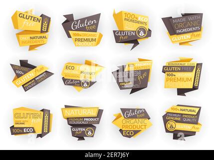 Gluten free eco food labels, organic natural product vector tags or emblems. Natural bio food, one hundred percent genuine premium quality and eco cer Stock Vector