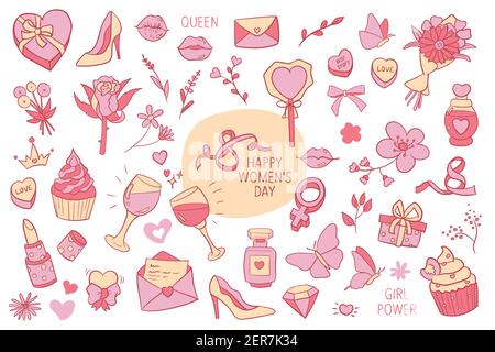 8 march, international women's day themed vector illustrations set, collection of hand drawn clip art drawings and elements. Stock Vector