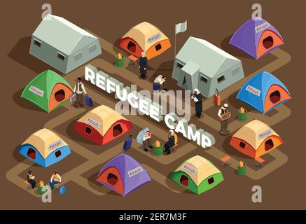Stateless refugees asylum icons isometric composition with view of reception camp with tents and human characters vector illustration Stock Vector