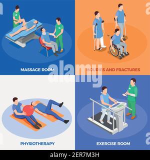 Physiotherapy rehabilitation icons isometric 2x2 design concept with images of apparatus for physical therapy and people vector illustration Stock Vector