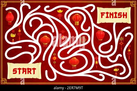 Child maze labyrinth with Chinese paper lanterns. Kids New Year game children playing activity with finding path task. Oriental lamps, festival on hol Stock Vector